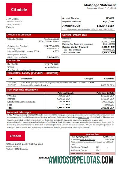 Estônia Citadele Banka Eesti Branch AS Bank Mortgage Statement Scr baixar para verificação